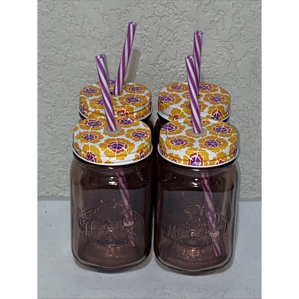Pioneer Woman Set Of 4 Drinking Glasses Mason Jar Lid Straw Pink Purple 16oz